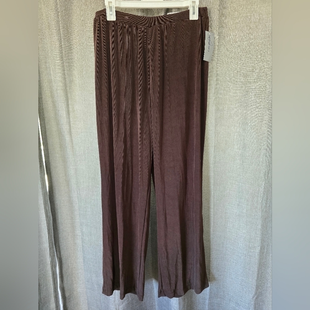 Catherine's 0X Ribbed Wide Leg Trouser Pants Brown Elastic Waist